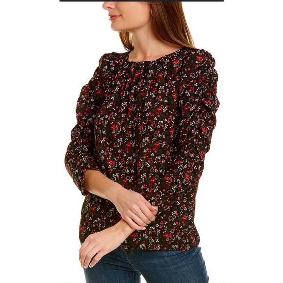 Max Studio Size Small Ditsy Floral Black Ruched Long Sleeve Blouse - Picture 1 of 7